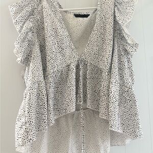 SHEIN White V-Neck Ruffle Sleeve Dot Print Blouse